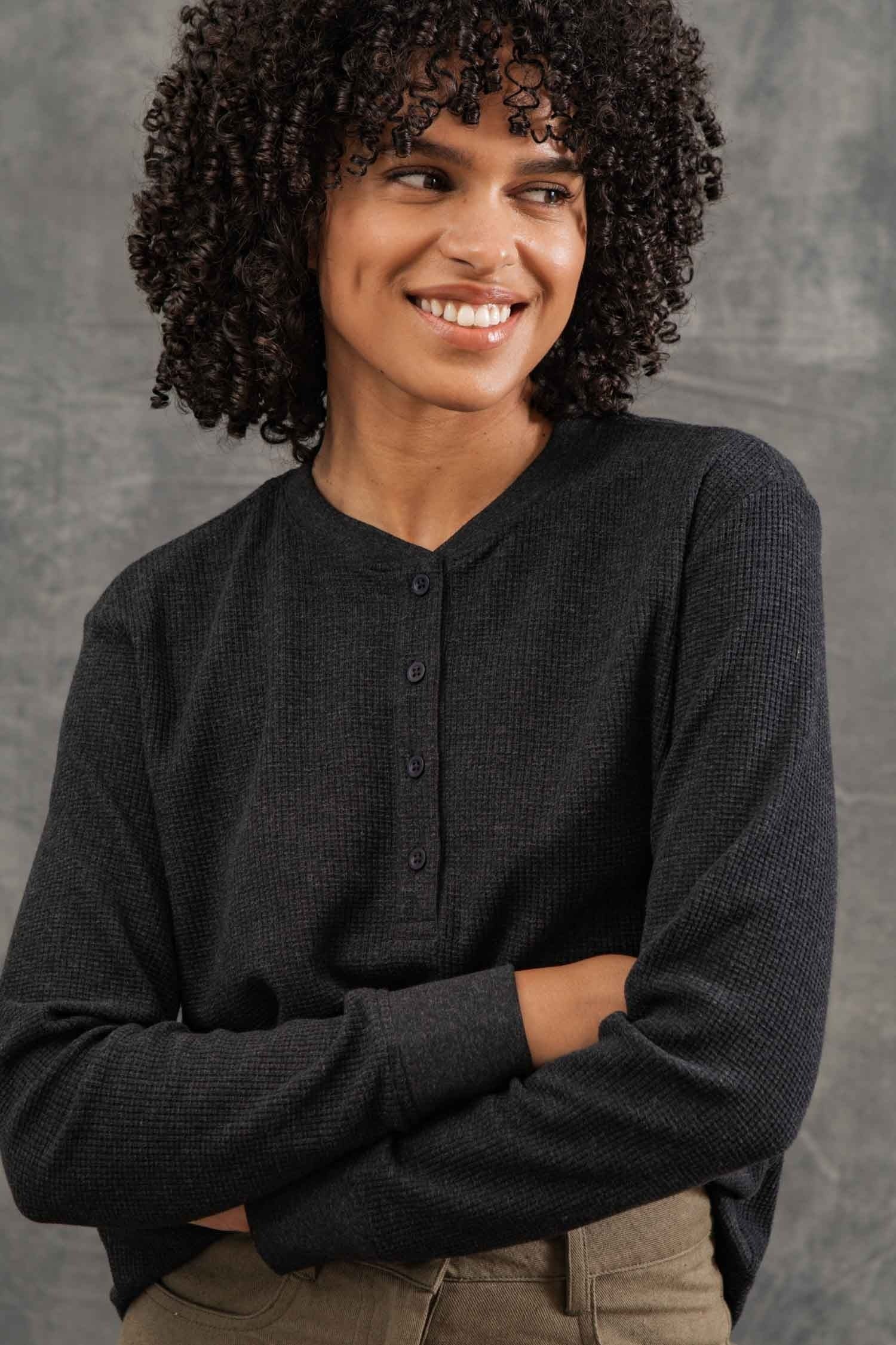 Women's Recycled Waffle Henley / Charcoal Melange