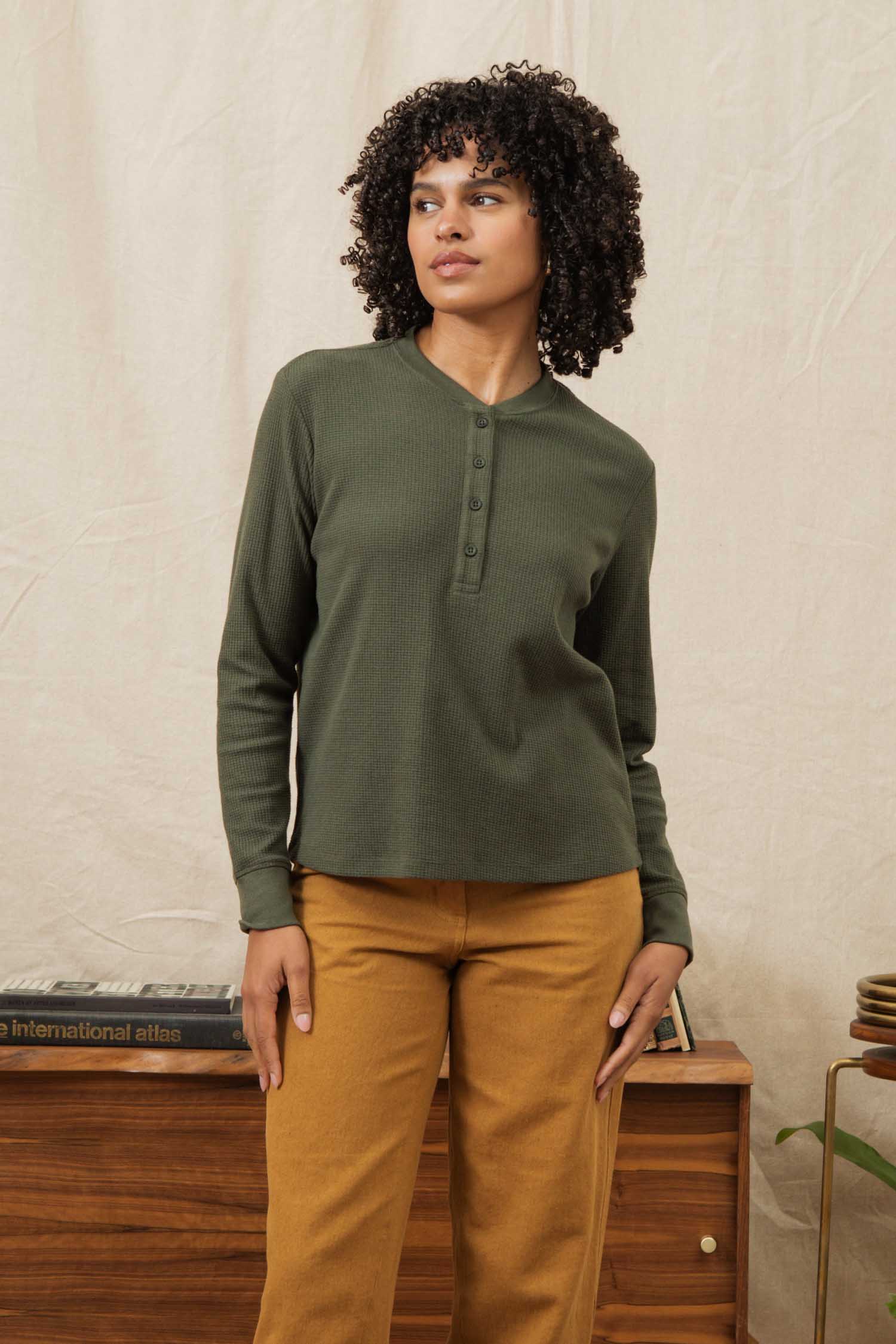Women's Recycled Waffle Henley / Forest Melange
