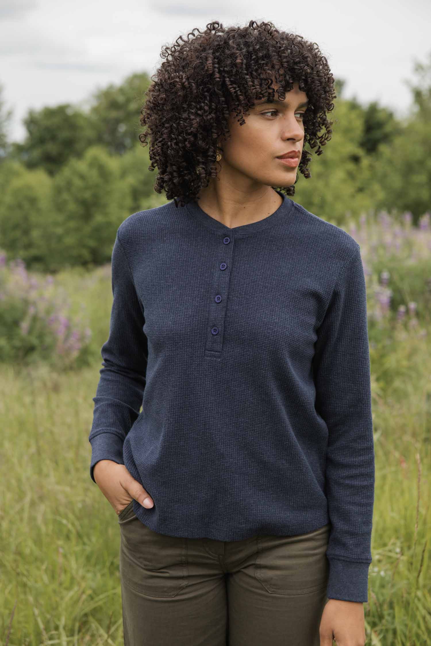 Women's Recycled Waffle Henley / Sapphire Melange