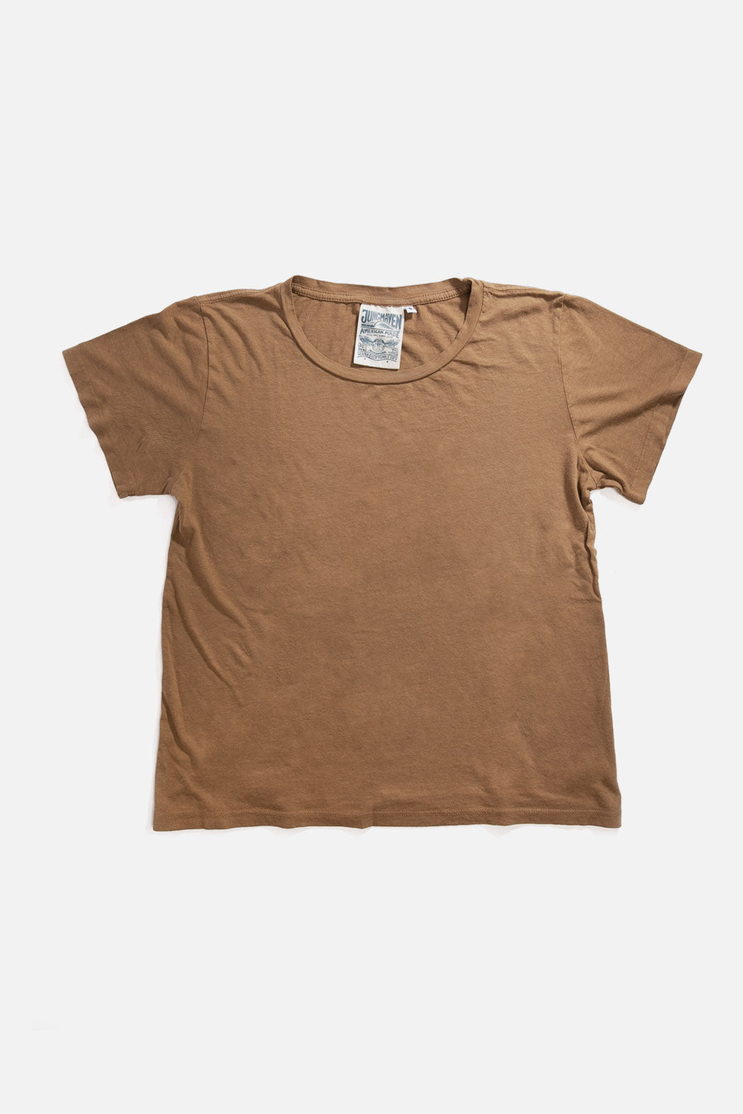 The Jungmaven Ojai Tee in Coyote, a unisex crewneck t-shirt, lies flat on a white background. It features a round neckline and a visible tag at the collar.