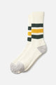 The RoToTo Coarse Ribbed Old School Socks in Dark Green Yellow feature classic Japanese style with grey toes and heels, plus two green stripes and one yellow stripe around the calf.