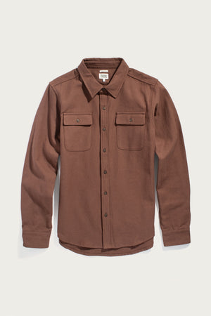 The Bridge & Burn Bedford Shirt in Penny Twill features brown cotton, long sleeves, a standard fit, two chest pockets, and a collar, displayed flat on a white background.