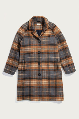The Bridge & Burn Alberta Car Coat in Dorset Brushed Plaid is a knee-length, long-sleeve wool blend coat with a collar and four black front buttons in brown, gray, and black plaid.