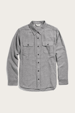 The Bridge & Burn Lenon Shirt in Iron Chambray is a long-sleeve, button-up overshirt with two chest pockets and a collar, shown laid flat on a white background.