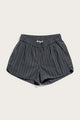 The Bridge & Burn Luca Track Short in Charcoal Stripe features thin white pinstripes, an elastic waistband, and side pockets. Crafted from a cotton-linen blend, these summer shorts are shown laid flat against a plain light background.