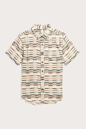 The Bridge & Burn Jordan Slim Shirt in Broadway Stripe features a modern slim fit with short sleeves, a collar, and single chest pocket, showcasing beige, gray, blue, and muted orange stripes on an off-white background.