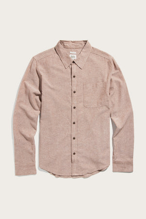 The Bridge & Burn Larson Shirt in Rust Chambray is a classic fit men's button-up, crafted from recycled cotton with a single chest pocket, shown laid flat on a plain white background.