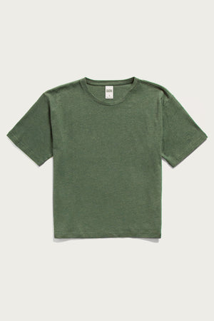 The Bridge & Burn Organic Hemp Boxy Tee in Cypress is a sustainable women's T-shirt, featuring a crew neck, short sleeves, and soft organic cotton-hemp blend, shown laid flat on a white background.