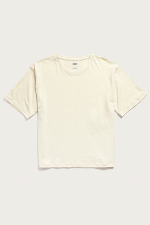 The Bridge & Burn Organic Hemp Boxy Tee in Ivory is a short-sleeved, crew neck top made from organic cotton and hemp, shown against a light background.
