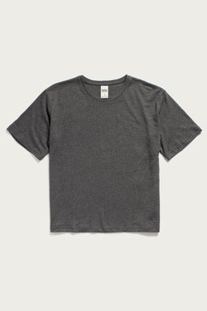 The Bridge & Burn Organic Hemp Boxy Tee in Slate Grey features a crew neckline, short sleeves, and a relaxed fit, made from organic cotton and hemp for everyday comfort.