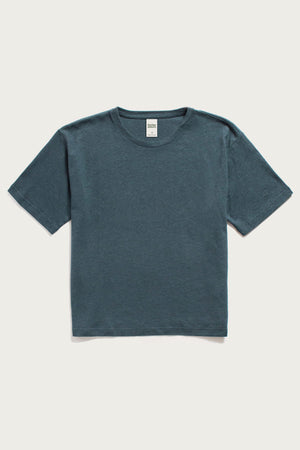 The Bridge & Burn Organic Hemp Boxy Tee in Storm Blue is a soft, vintage-feel, crew neck shirt with short sleeves—crafted from organic cotton hemp and shown laid flat on a white background.