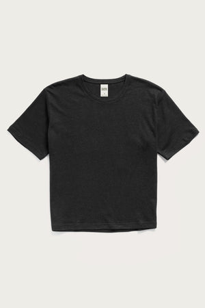 The Bridge & Burn Organic Hemp Boxy Tee in Washed Black is a sustainable, short-sleeve t-shirt with a round neckline and minimalist design, laid flat on a white background.