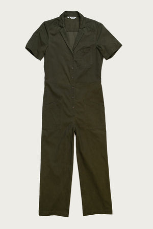 The Bridge & Burn Lou Utility Jumpsuit in Olive features short sleeves, a collar, button-down front, chest pocket, and two large front pockets, shown laid flat on a white background.