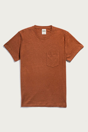 The Bridge & Burn Organic Hemp Pocket Tee in Burnt Umber is a men’s midweight t-shirt made from organic cotton hemp, featuring short sleeves and a small chest pocket, shown flat on a white background.