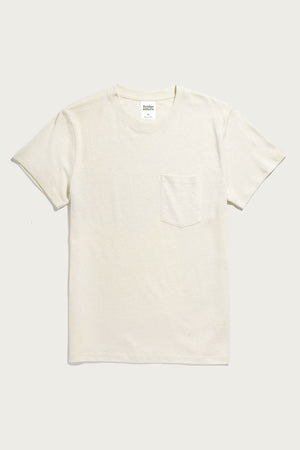 The Bridge & Burn Organic Hemp Pocket Tee in Ivory is a vintage-style, short-sleeve t-shirt with a round neckline and single chest pocket, shown laid flat on a light background.