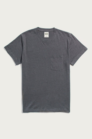 The Bridge & Burn Organic Hemp Pocket Tee in Slate Grey is a short-sleeved, crew neck shirt with a single chest pocket, shown on a white background.
