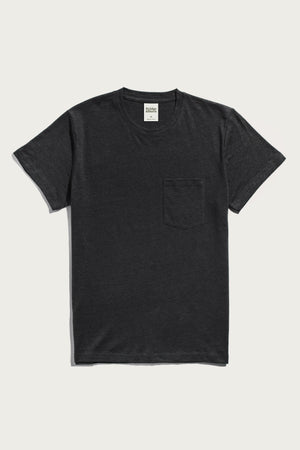 The Bridge & Burn Organic Hemp Pocket Tee in Washed Black is a men's midweight short-sleeve shirt with a chest pocket, shown flat on a white background.