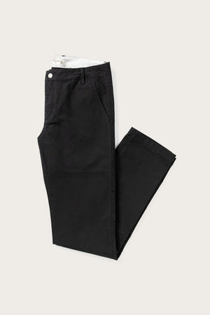 The Bridge & Burn Wallace Utility Pant in black canvas, made from stretch fabric with reinforced knees, is neatly folded to show the waistband and front pockets against a plain light background.