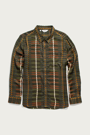 The Bridge & Burn Ash Slim Shirt in Olive Stripe is a slim-fit, button-up long-sleeve with a pointed collar and single chest pocket, shown laid flat on a white background.