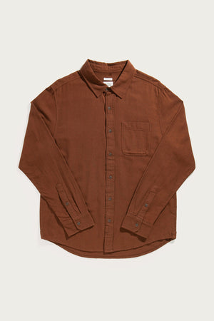 The Bridge & Burn Jude Shirt in Russet Chevron is a classic fit, long-sleeve button-up crafted from organic cotton with a front chest pocket, shown laid flat on a white background.