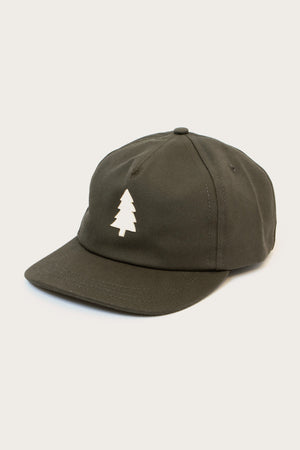 The Tree Cap / Olivewood by Bridge & Burn is a dark green pinch front hat featuring a minimalist white tree graphic on the front, shown against a plain light background.
