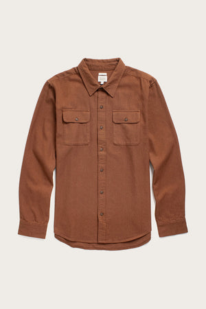 The Bridge & Burn Bedford Shirt in Terracotta Melange is a long-sleeve, button-up overshirt with a collar and two chest pockets, shown laid flat on a light background.