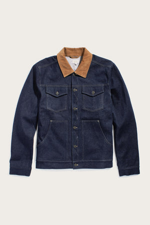 The Bridge & Burn Burl Trucker Jacket in dark denim features a brown corduroy collar, button-up front, two chest flap pockets, and two side pockets, shown laid flat on a white background.