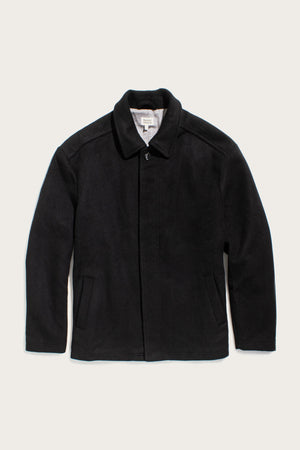 The Bridge & Burn Clive Car Coat in black features a collar, long sleeves, two slanted front pockets, and a concealed front closure for cold-weather comfort, shown laid flat on a light background.