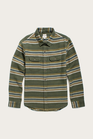 The Bridge & Burn Cole Slim Shirt in Wreath Stripe features green, white, beige, and blue horizontal stripes, soft brushed cotton, chest pockets with button flaps, and a pointed collar.