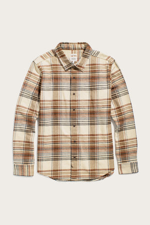The Bridge & Burn Larson Shirt in Latte Plaid is a classic fit brushed flannel button-up, featuring beige, brown, and black plaid with a spread collar and chest pocket, crafted from recycled cotton.