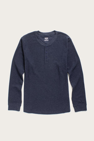Bridge & Burn Men's Recycled Waffle Henley in Sapphire Melange—a long-sleeve, thermal, waffle-knit shirt with a round neck and three-button placket—crafted from recycled fibers and shown flat against a light background.