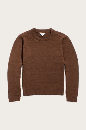 The Ansel Sweater in Walnut by Bridge & Burn is a mid-weight, long-sleeve crewneck with ribbed cuffs, hem, and neckline—crafted from recycled fibers for a sustainable wardrobe essential.