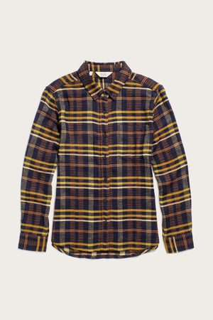 The Bridge & Burn Ash Slim Shirt in Desert Dawn Plaid is a slim fit, long sleeve button-up made from organic cotton, featuring navy blue, yellow, and brown tones. Shown flat on a white background.