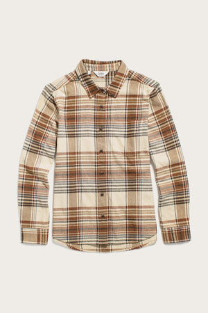 The Bridge & Burn Ash Slim Shirt / Latte Plaid is a slim fit, long-sleeve button-up flannel in beige, brown, and black plaid with a chest pocket and classic collar, shown laid flat on a white background.