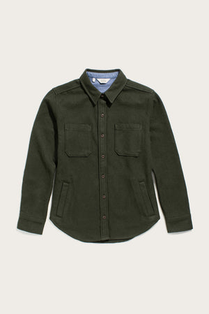 The Bridge & Burn Dawson Overshirt in Dark Sage is a heavyweight, long-sleeve shirt featuring two flap chest pockets and two slanted side pockets, shown laid flat on a light background.