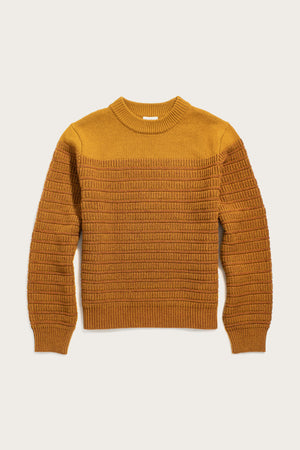 The Sabine Sweater by Bridge & Burn in Goldenrod Stripe features a heavyweight ribbed texture, long sleeves, and a crew neckline, shown laid flat on a neutral background.