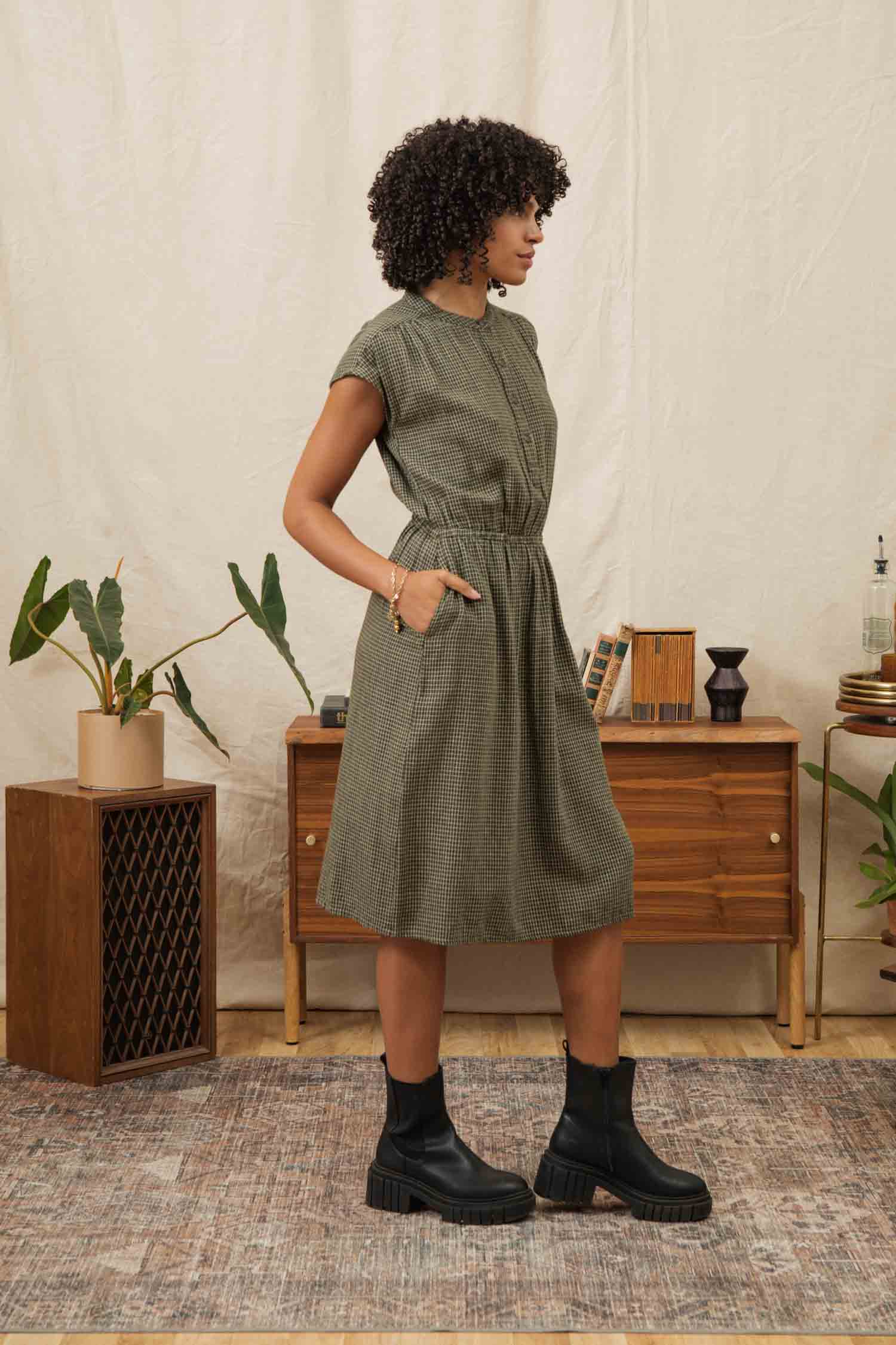 Lorane Dress / Olive Grid Plaid