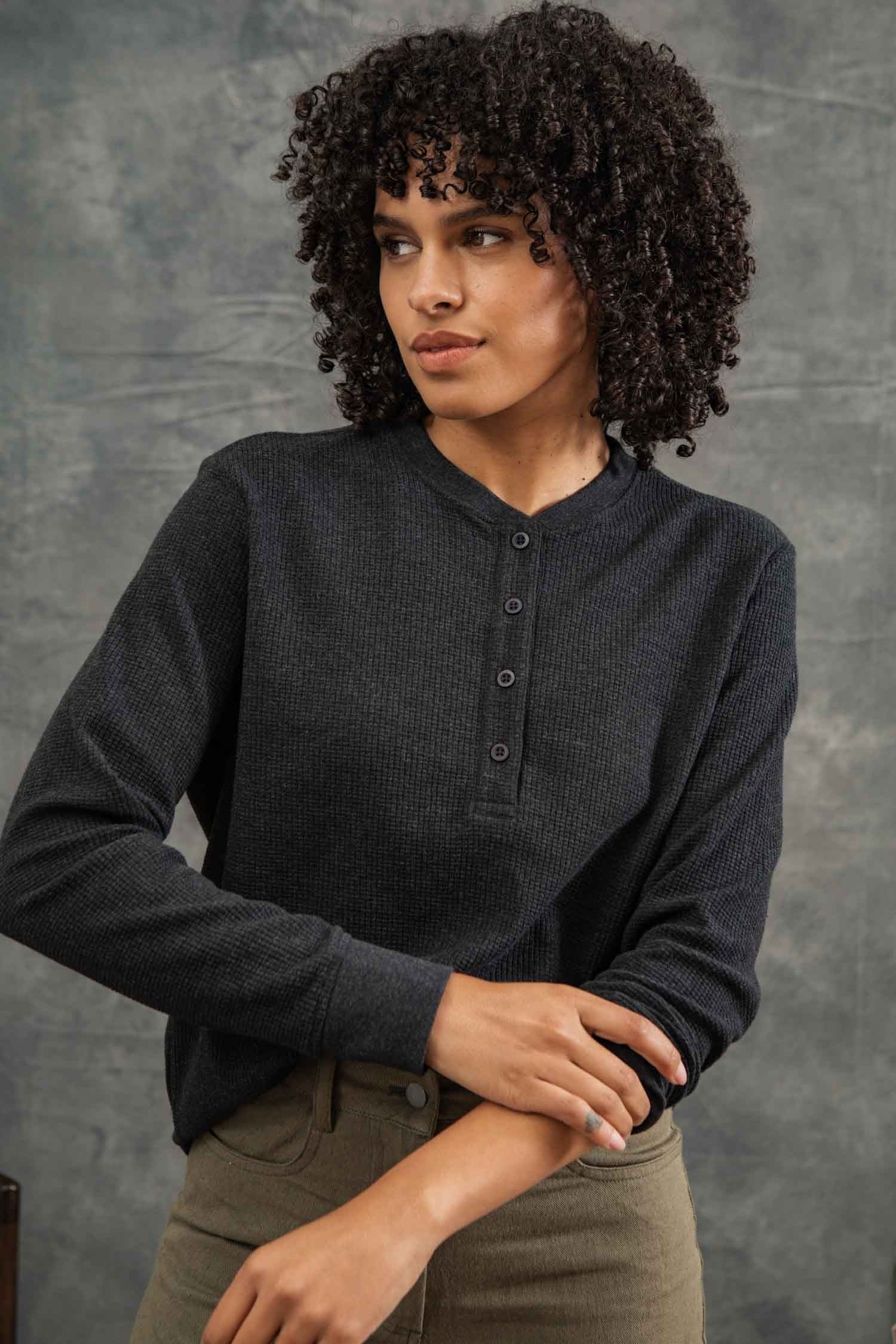 Women's Recycled Waffle Henley / Charcoal Melange