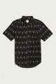 The Harbor Slim Shirt / Dotted Horizon by Bridge & Burn is a lightweight black summer cotton shirt, short-sleeved with a collar, front pocket, and an all-over pattern of vertical orange, tan, and white dashes.