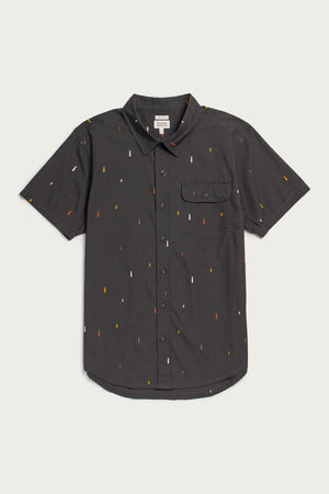 The Marten Shirt / Midnight Rain by Bridge & Burn is a classic fit, short sleeve black cotton button-down with a front pocket and colorful vertical dash pattern—perfect for adding style to any wardrobe.