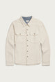 The Bridge & Burn Pointer Overshirt in Ivory Twill is a long-sleeve overshirt with two chest pockets, brown buttons, and a pointed collar, made from recycled fibers and shown laid flat on a white background.