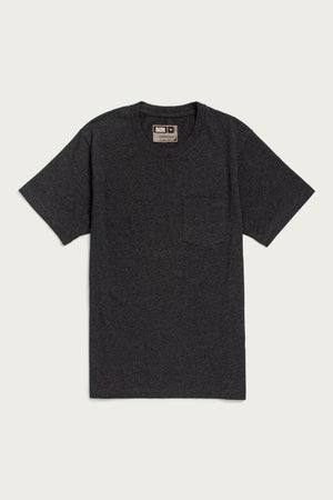 The Bridge & Burn Recycled Pocket Tee in Charcoal Heather is a sustainable, short-sleeve shirt with a round neckline and small chest pocket, made from a recycled cotton blend and shown laid flat on a light background.