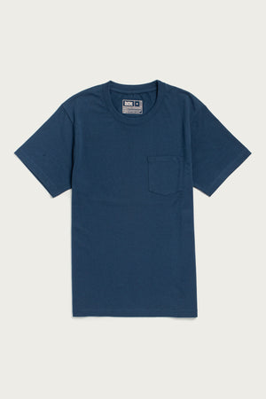 The Bridge & Burn Recycled Pocket Tee in Cobalt is a sustainable, short-sleeved shirt with a left chest pocket, made from recycled cotton and shown on a white background.