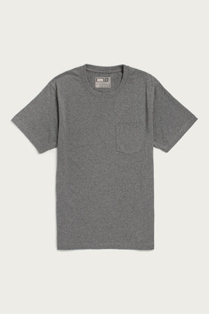 The Bridge & Burn Recycled Pocket Tee in Grey Heather is a short-sleeved, crew neck vintage shirt with a small left chest pocket, shown flat on a white background.
