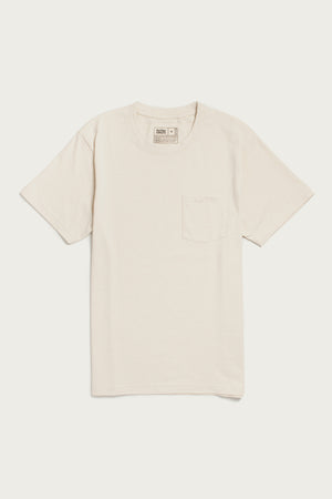 The Bridge & Burn Recycled Pocket Tee in Ivory is a sustainable, short-sleeve crewneck made from recycled cotton, featuring a left chest pocket and shown on a white background.