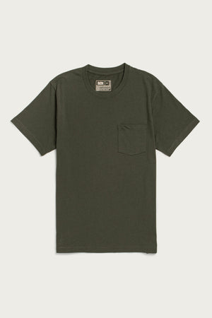 The Bridge & Burn Recycled Pocket Tee in Olive is a sustainable, short-sleeve shirt with a round neckline and a left chest pocket, shown laid flat on a white background.