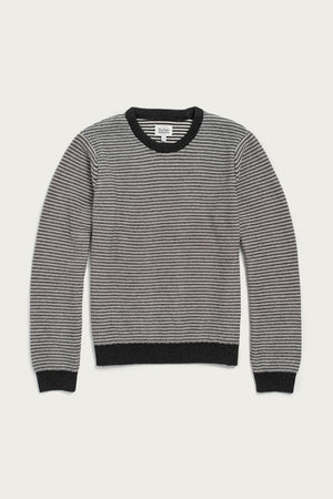 The Ansel Sweater by Bridge & Burn is a sustainable mid-weight crew neck with charcoal and white stripes, finished with solid black cuffs, collar, and hem. Shown here in a long-sleeve style on a white background.