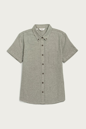 The Bridge & Burn Juniper Shirt in olive twill is a relaxed fit, short-sleeve button-down with a chest pocket and button-down collar, shown on a white background.