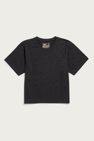 The Bridge & Burn Recycled Boxy Tee in Charcoal Heather is a relaxed-fit, short-sleeved vintage T-shirt with a crew neckline, shown laid flat on a white background. It features a plain design with no visible logos.
