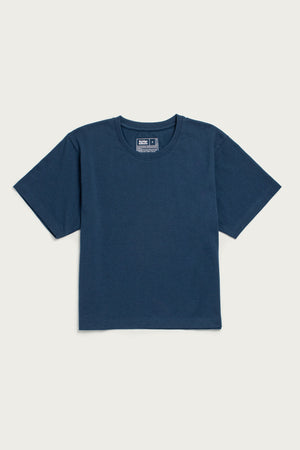 The Bridge & Burn Recycled Boxy Tee in cobalt is a short-sleeved, crew neck t-shirt made from recycled cotton, shown laid flat on a white background.